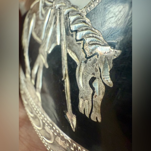 Vintage End of Trail Inlaid Moon Native American Silver Strike Belt Buckle Stone - Picture 4 of 9